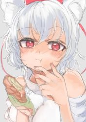 Rule 34 | 1girl, :t, animal ears, bare shoulders, blush, eating, face, grey background, hat, highres, holding, inubashiri momiji, looking at viewer, red eyes, short hair, simple background, sketch, solo, tokin hat, touhou, wolf ears, yoyoiro (sysi20)