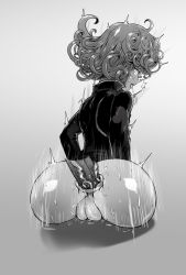 Rule 34 | 1girl, ^^^, anal, anus, ass, ass focus, bad id, bad pixiv id, blush, bottomless, cleft of venus, cropped legs, curly hair, disembodied penis, fat mons, from behind, greyscale, highres, huge ass, large penis, looking back, monochrome, motion lines, one-punch man, penis, pussy, sex, shiny skin, short hair, solo focus, sweat, sweatdrop, tatsumaki, the golden smurf, tongue, tongue out, uncensored