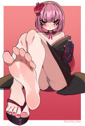 Rule 34 | 1girl, absurdres, barefoot, blush, ecchi-o, feet, hairband, highres, hololive, hololive english, japanese clothes, looking at viewer, medium hair, mori calliope, panties, pantyshot, pink hair, red eyes, sandals, soles, toes, underwear, virtual youtuber, zouri
