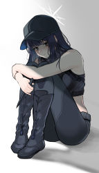 Rule 34 | 1girl, absurdres, bags under eyes, black eyes, black footwear, black hair, black pants, blue archive, boots, breasts, chroong, crop top, crying, crying with eyes open, full body, hat, highres, knife, medium breasts, pants, reverse grip, sad, saori (blue archive), shade, sitting, solo, tears