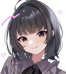 Rule 34 | 1girl, alternate hairstyle, black hair, blush, bob cut, commentary, hair intakes, heart, highres, idolmaster, idolmaster shiny colors, looking at viewer, mayuzumi fuyuko, portrait, shu10, signature, simple background, smile, solo, white background