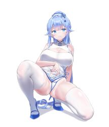 Rule 34 | 1girl, absurdres, ass, bare arms, bare shoulders, blue eyes, blue footwear, blue hair, breasts, cameltoe, china dress, chinese clothes, cleavage, cleavage cutout, clothing cutout, commission, dress, hair ornament, high heels, highres, keibeam, large breasts, long hair, looking at viewer, on one knee, original, panties, pointy ears, ponytail, second-party source, short dress, side-tie panties, skindentation, sleeveless, sleeveless dress, solo, string panties, thighhighs, thighs, underwear, very long hair, white dress, white panties, white thighhighs