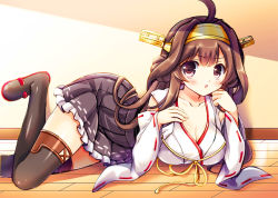 Rule 34 | 10s, 1girl, ahoge, bare shoulders, boots, breasts, brown hair, cleavage, detached sleeves, double bun, frilled skirt, frills, fukase ayaka, hair ornament, hairband, japanese clothes, kantai collection, kongou (kancolle), large breasts, long hair, open mouth, personification, ribbon-trimmed sleeves, ribbon trim, skirt, solo, thigh boots, thighhighs