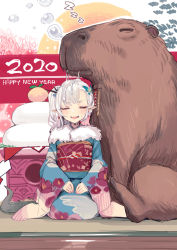 Rule 34 | 1girl, 2020, animal, bee (deadflow), blue kimono, blush, capybara, closed mouth, dragon girl, dragon horns, dragon tail, drooling, earrings, closed eyes, facing viewer, fang, floral print, happy new year, highres, horns, japanese clothes, jewelry, kagami mochi, kimono, long sleeves, new year, nose bubble, open mouth, original, oversized animal, pointy ears, print kimono, saliva, seiza, side ponytail, silver hair, sitting, sleeping, sleeves past wrists, solo, sweat, tail, wide sleeves, zzz