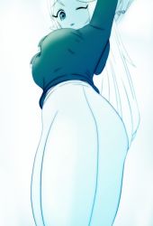 Rule 34 | blue skin, colored skin, cyana, heart, heart-shaped pupils, highres, leggings, looking down, p.m. seymour, pointy ears, stretching, symbol-shaped pupils, thick thighs, thighs, wink