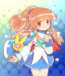 Rule 34 | 1girl, 1other, arle nadja, armor, breastplate, brown hair, cape, carbuncle (puyopuyo), closed mouth, looking back, madou monogatari, open mouth, ponytail, puyopuyo, shoulder armor, star (symbol), umasiosa, yellow background