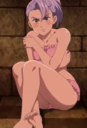 Rule 34 | 10s, 1girl, angry, bare shoulders, barefoot, blush, bra, brown eyes, embarrassed, feet, female focus, highres, jericho (nanatsu no taizai), looking at viewer, nanatsu no taizai, panties, pink bra, pink panties, purple hair, screencap, shiny skin, soles, solo, stitched, stone floor, stone wall, third-party edit, toes, underwear, underwear only, wall
