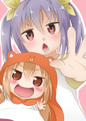Rule 34 | 10s, 2girls, :d, blonde hair, blue hair, brown eyes, chestnut mouth, chibi, company connection, crossover, doma umaru, hamster costume, highres, himouto! umaru-chan, kazuya lolicon, komaru (himouto! umaru-chan), looking at viewer, miyauchi renge, multiple girls, non non biyori, open mouth, red eyes, season connection, simple background, smile, twintails