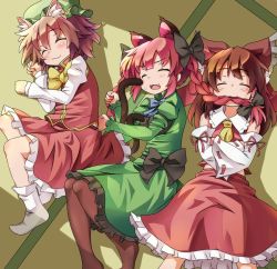 Rule 34 | 3girls, :3, animal ears, blush, bow, braid, brown hair, cat ears, cat tail, chen, crossed arms, detached sleeves, dorowa no hito, dress, earrings, extra ears, closed eyes, fangs, hair bow, hair in own mouth, hakurei reimu, hat, highres, jewelry, kaenbyou rin, long hair, lying, mouth hold, multiple girls, multiple tails, on back, open mouth, pantyhose, red hair, short hair, sleeping, socks, tail, touhou, twin braids