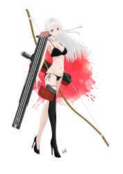 Rule 34 | 1girl, arrow (projectile), bikini, black bikini, black footwear, bow (weapon), breasts, cleavage, commentary request, flight deck, full body, headband, high heels, highres, kantai collection, medium breasts, neve (morris-minicooper), quiver, shoukaku (kancolle), side-tie bikini bottom, single thighhigh, smile, solo, standing, swimsuit, thighhighs, weapon, white hair, yellow headband