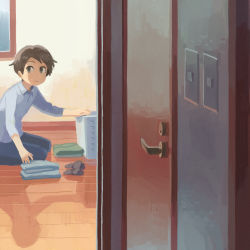 Rule 34 | 1boy, brown eyes, brown hair, closed mouth, commentary request, door, folding clothes, indoors, long sleeves, looking at viewer, male focus, muji (uimss), on ground, original, seiza, shirt, short hair, sitting, solo, white shirt, wooden floor