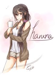 Rule 34 | 10s, 1girl, 2016, artist name, blush, breasts, brown eyes, brown hair, cardigan, character name, cleavage, commentary, cup, cursive, dated, eyebrows, gurifu, hair between eyes, hair ornament, hairclip, haruna (kancolle), holding, holding own arm, kantai collection, light smile, long hair, looking at viewer, low ponytail, matching hair/eyes, mug, pink background, scrunchie, shorts, side ponytail, signature, solo, standing, swept bangs, tank top, thighs, white background