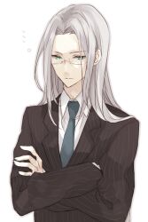 Rule 34 | ..., 1boy, alternate costume, alternate universe, bisuko, black suit, blue necktie, crossed arms, dress shirt, expressionless, final fantasy, final fantasy vii, formal, glasses, green eyes, grey hair, long bangs, long hair, looking to the side, male focus, necktie, parted bangs, sephiroth, shirt, simple background, solo, striped suit, suit, teacher, third-party source, upper body, white background, white shirt