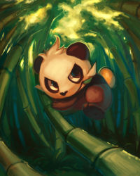 Rule 34 | 2013, bamboo, bamboo forest, brown eyes, cloud, cloudy sky, commentary, creature, creatures (company), day, delano-laramie, english commentary, forest, full body, game freak, gen 5 pokemon, gen 6 pokemon, highres, jumping, leaf, mouth hold, nature, nintendo, no humans, outdoors, pancham, panda, pokemon, pokemon (creature), signature, sky, solo