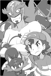 Rule 34 | ash ketchum, baseball cap, black background, creatures (company), crossed arms, djmn c, game freak, gen 7 pokemon, greyscale, hat, incineroar, kukui (pokemon), litten, looking at viewer, luchador, luchador mask, male focus, masked royal, monochrome, nintendo, pokemon, pokemon (anime), pokemon (creature), pokemon sm (anime), shirt, simple background, source request, striped clothes, striped shirt, topless male