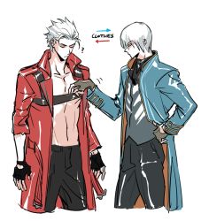 Rule 34 | alternate costume, black gloves, blue coat, closed mouth, coat, collarbone, cosplay, costume switch, dante (devil may cry), devil may cry, devil may cry (series), devil may cry 3, closed eyes, fingerless gloves, gloves, green gloves, hair slicked back, hand on own hip, male focus, mlxgdog, navel, pulling, red coat, simple background, torn clothes, torn sleeves, vergil (devil may cry), white background, white hair
