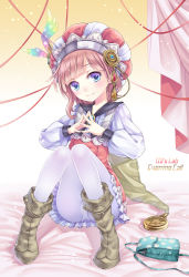Rule 34 | 1girl, atelier (series), atelier rorona, bag, blue eyes, boots, crotch seam, female focus, hat, knee boots, panties, panties under pantyhose, pantyhose, pantyshot, pink hair, rororina fryxell, sitting, skirt, smile, solo, striped clothes, striped headwear, tidsean, underwear, upskirt, vertical-striped clothes, vertical-striped headwear, white pantyhose