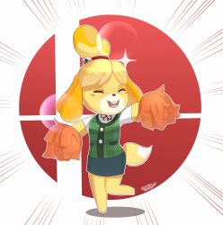 Rule 34 | 1girl, animal crossing, animal ears, bell, blonde hair, blush, blush stickers, breasts, dog, dog ears, dog girl, dog tail, furry, furry female, hair ornament, highres, isabelle (animal crossing), nintendo, open mouth, sarukaiwolf, skirt, smile, solo, super smash bros., tail, topknot
