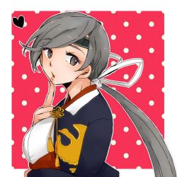 Rule 34 | 10s, 1girl, :o, aozi seizi, bad id, bad pixiv id, breast hold, breasts, chitose (kancolle), cropped jacket, finger to mouth, from side, grey eyes, grey hair, hair ornament, hair ribbon, headband, heart, kantai collection, large breasts, long hair, low ponytail, open mouth, outside border, polka dot, polka dot background, ponytail, ribbon, solo, swept bangs, upper body