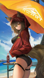 Rule 34 | 1girl, absurdres, animal ears, arknights, ass, beach, beach umbrella, black one-piece swimsuit, blue sky, bottle, breasts, brown hair, chinese commentary, closed mouth, cloud, commentary request, cowboy shot, day, ears through headwear, from behind, hair between eyes, hand in pocket, highres, hood, hooded jacket, jacket, large breasts, liu liaoliao, long hair, looking at viewer, official alternate costume, one-piece swimsuit, open clothes, open jacket, outdoors, projekt red (arknights), projekt red (light breeze) (arknights), red jacket, signature, sky, solo, swimsuit, table, tail, thigh strap, thighhighs, twitter username, umbrella, wolf ears, wolf girl, wolf tail, yellow eyes