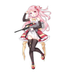 Rule 34 | 1girl, :d, arm up, arm warmers, assault rifle, bare shoulders, black thighhighs, blush, bow, brown bow, bullpup, chihong de tianshi, commentary request, fang, full body, gun, hair bow, head tilt, highres, holding, holding gun, holding weapon, long hair, looking at viewer, mary janes, one side up, open mouth, original, pink hair, pleated skirt, red bow, red eyes, red footwear, red skirt, rifle, salute, shirt, shoes, skirt, sleeveless, sleeveless shirt, smile, solo, standing, standing on one leg, steyr aug, striped, striped bow, thighhighs, trigger discipline, very long hair, weapon, white background, white shirt, white skirt