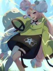 Rule 34 | 1girl, :d, absurdres, bellibolt, black shorts, blue hair, blurry, blush, character hair ornament, cloud, commentary request, creatures (company), day, electricity, game freak, grey pantyhose, hair ornament, highres, iono (pokemon), jacket, long hair, multicolored hair, nagi-negitoro, nintendo, open mouth, outdoors, pantyhose, pokemon, pokemon (creature), pokemon sv, purple eyes, sharp teeth, shirt, shorts, single leg pantyhose, sky, sleeveless, sleeveless shirt, smile, teeth, thigh strap, twintails, two-tone hair, upper teeth only, yellow jacket