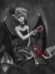 Rule 34 | 1girl, alcohol, alternate costume, asuzemu, bad id, bad pixiv id, bare shoulders, bat wings, choker, cup, dress, drinking glass, greyscale, hand on lap, hat, hat ribbon, looking to the side, mob cap, monochrome, parted lips, remilia scarlet, ribbon, short hair, sideways glance, solo, spilling, spot color, stained clothes, strapless, strapless dress, touhou, wine, wine glass, wings