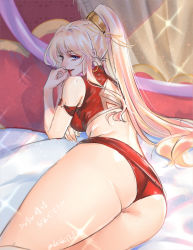Rule 34 | 1girl, alternate costume, ass, bare shoulders, blonde hair, blue eyes, come hither, earrings, high ponytail, highres, hikarusorano, jewelry, lipstick, long hair, looking at viewer, lying, macross, macross frontier, makeup, on bed, on stomach, pillow, red lips, red lips, seductive smile, sheryl nome, sidelocks, smile, solo, thighs, twitter username