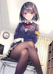 Rule 34 | 1girl, armband, black hair, black jacket, black pantyhose, blazer, bow, bowtie, clock, closed mouth, collared shirt, commentary request, crossed arms, crossed legs, dated, frown, hair ornament, hairclip, highres, indoors, jacket, kobayashi chisato, legs, long sleeves, looking at viewer, on chair, original, pantyhose, purple bow, purple bowtie, purple eyes, school uniform, shirt, short hair, signature, sitting, skirt, solo, wall clock, white shirt, white skirt