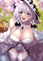 Rule 34 | 1girl, azur lane, bare shoulders, blanket, blue eyes, blush, breasts, cherry blossoms, cleavage, dress, elbow gloves, gloves, hair ornament, happy, hat, highres, huge breasts, illustrious (azur lane), lace-trimmed headwear, lace trim, long hair, looking at viewer, mole, mole under eye, open mouth, outdoors, picnic, picnic basket, ribbon, smile, strapless, strapless dress, sun hat, thighhighs, wee (weeyy), white dress, white gloves, white hair, white headwear, white thighhighs