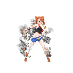 Rule 34 | 15k, 1girl, animal ears, asymmetrical legwear, belt, black shirt, blue eyes, blue shorts, blush, boots, brass knuckles, breasts, broken, brown footwear, buttons, cannon, cat ears, crop top, cross-laced footwear, damaged, depth charge, depth charge projector, elbow pads, fang, full body, hair between eyes, lace-up boots, laffey (warship girls r), legs apart, looking at viewer, machinery, midriff, navel, official art, open mouth, orange hair, remodel (warship girls r), sailor collar, sailor shirt, shirt, short hair, shorts, single sock, single thighhigh, small breasts, smoke, smokestack, smoking pipe, socks, solo, spinach, standing, thighhighs, torn clothes, torn legwear, torpedo, transparent background, turret, uneven legwear, warship girls r, weapon, white socks