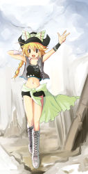 Rule 34 | 1girl, advent cirno, alternate costume, bad id, bad pixiv id, blonde hair, blush, bow, braid, collarbone, crop top, crop top overhang, cross-laced footwear, echizen (hvcv), female focus, hat, hat bow, highres, kirisame marisa, midriff, navel, open mouth, short hair, short shorts, shorts, side braid, single braid, solo, touhou, v, vest, wristband