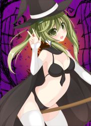 Rule 34 | 1girl, alternate costume, alternate hairstyle, bikini, black bikini, breasts, broom, broom riding, cape, chimunge, cleavage, frog hair ornament, gauntlets, green eyes, green hair, hair ornament, halloween, halloween costume, hat, hat ribbon, highres, kochiya sanae, long hair, looking at viewer, matching hair/eyes, navel, open mouth, ribbon, smile, solo, swimsuit, thighhighs, touhou, twintails, v, white thighhighs, witch hat