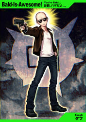 Rule 34 | 1boy, aura, bald, black footwear, blue pants, brown jacket, clenched teeth, collared jacket, dark background, denim, e.g.o (project moon), employee (project moon), frown, full body, gun, hand in pocket, handgun, holding, holding gun, holding weapon, jacket, jeans, lobotomy corporation, meimaru inuchiyo, open mouth, pants, project moon, shadow, shirt, shoes, spotlight, sunglasses, teeth, weapon, white shirt, you&#039;re bald (lobotomy corporation)