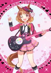 Rule 34 | 1girl, absurdres, alternate costume, animal ears, blush, brown eyes, brown hair, commentary request, electric guitar, guitar, hair ornament, hat, heart, highres, holding, holding instrument, horse ears, horse tail, instrument, medium hair, musical note, nayuta ggg, north flight (umamusume), one eye closed, open mouth, solo, tail, teeth, umamusume, upper teeth only