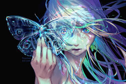 Rule 34 | 1girl, animal, black background, blue eyes, blue hair, bug, butterfly, collarbone, commentary, english commentary, green hair, hand up, highres, holding, holding animal, insect, looking at viewer, nude, original, purple hair, simple background, solo, transparent, watermark, web address, yuumei