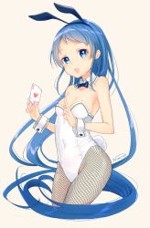 Rule 34 | ace (playing card), ace of hearts, bad id, bad twitter id, blue eyes, blue hair, breasts, card, fishnet pantyhose, fishnets, heart, highres, holding, holding card, index finger raised, kantai collection, leotard, long hair, nunucco, pantyhose, playboy bunny, playing card, samidare (kancolle), simple background, small breasts, solo, very long hair