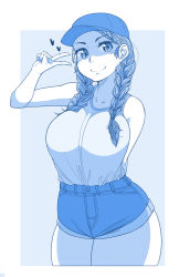Rule 34 | 1girl, arm behind back, baseball cap, blue background, blue theme, border, braid, breasts, collarbone, cowboy shot, denim, denim shorts, ekz (robotekz), hat, head tilt, heart, highres, large breasts, legs together, looking at viewer, monochrome, outside border, shirt, shirt tucked in, short shorts, shorts, simple background, sleeveless, sleeveless shirt, smile, solo, standing, thick thighs, thighs, twin braids, v, v-shaped eyebrows, white border, wide hips