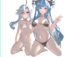 Rule 34 | 2girls, absurdres, ahoge, bikini, black bikini, blue eyes, blue hair, breasts, breasts apart, closed mouth, collarbone, commission, commissioner upload, expressionless, flat chest, full body, gluteal fold, hair between eyes, hand on another&#039;s waist, highres, hikaru aruka, horns, kiseijou rei (goddess form), kneeling, large breasts, light blue hair, long hair, looking at viewer, multiple girls, navel, neptune (series), non-web source, power symbol, power symbol-shaped pupils, red eyes, short hair with long locks, sidelocks, sign, simple background, smile, stomach, swimsuit, symbol-shaped pupils, v, very long hair, warning sign, white background, white bikini, white heart (neptune)