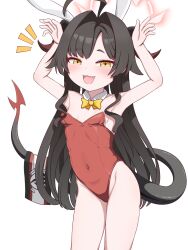 Rule 34 | 1girl, absurdres, ahoge, alternate costume, animal ears, arms up, bare arms, bare shoulders, black hair, blackness (blackness661), blue archive, blush, bow, bowtie, breasts, commentary, contrapposto, covered navel, cowboy shot, detached collar, fake animal ears, fang, hair intakes, highleg, highleg leotard, highres, huge ahoge, kasumi (blue archive), leotard, long hair, looking at viewer, notice lines, open mouth, playboy bunny, rabbit ears, rabbit pose, red leotard, simple background, small breasts, smile, solo, strapless, strapless leotard, tail, variant set, white background, yellow bow, yellow bowtie, yellow eyes