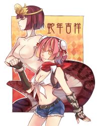 Rule 34 | 2girls, argyle, argyle background, argyle clothes, backpack, bag, bandana, belt, black belt, black gloves, blacksmith (ragnarok online), blue shorts, border, breasts, bun cover, chinese new year, chinese zodiac, closed eyes, closed mouth, commentary, cowboy shot, crop top, diadem, double bun, fingerless gloves, fur-trimmed shorts, fur trim, gloves, hair between eyes, hair bun, holding hands, isis (ragnarok online), lamia, looking at viewer, medium breasts, monster girl, multiple girls, no nipples, outside border, pink hair, ragnarok online, red bandana, red hair, red neckwear, shirt, short hair, short shorts, shorts, siolfur, sleeveless, sleeveless shirt, small breasts, smile, snake, tied shirt, transparent border, vambraces, year of the snake, yellow background, yellow eyes