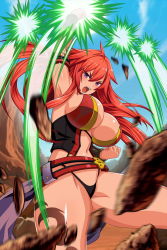 Rule 34 | 1girl, arm strap, attack, belt, black panties, breasts, club, club (weapon), day, hair between eyes, highleg, highleg panties, large breasts, long hair, looking at viewer, mace, official art, open mouth, outdoors, panties, pink eyes, queen&#039;s blade, queen&#039;s blade unlimited, queen&#039;s blade white triangle, red hair, revealing clothes, risty (queen&#039;s blade), shield, solo, spiked club, tan, thighs, underwear, vambraces, weapon