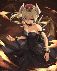 Rule 34 | 1girl, asicah, bare shoulders, black dress, black nails, blonde hair, blue eyes, blue pupils, bowsette, bracelet, breasts, breath weapon, breathing fire, brooch, cleavage, collar, dated, dress, eyelashes, fingernails, fire, grin, hair between eyes, horns, jewelry, large breasts, light trail, long hair, looking at viewer, mario (series), nail polish, new super mario bros. u deluxe, nintendo, ponytail, sharp fingernails, smile, solo, sparkle, spiked bracelet, spiked collar, spikes, strapless, strapless dress, super crown