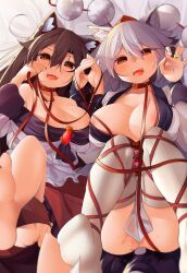 Rule 34 | 2girls, animal ear fluff, animal ears, barefoot, breasts, brown hair, choker, cleavage, commentary request, dress, hair between eyes, hair flaps, hat, highres, hira (nanika no heya), imaizumi kagerou, inubashiri momiji, japanese clothes, jewelry, kimono, large breasts, long hair, looking at viewer, lying, multiple girls, off-shoulder dress, off shoulder, on back, on bed, open mouth, pelvic curtain, pom pom (clothes), pussy juice, red choker, red dress, red eyes, red headwear, ring, short eyebrows, short hair, tail, teeth, thighhighs, tokin hat, touhou, two-tone dress, upper teeth only, white dress, white hair, white kimono, white thighhighs, wolf ears, wolf girl, wolf tail