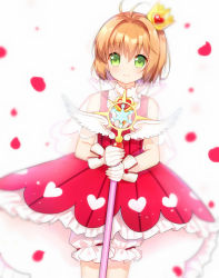 Rule 34 | 1girl, bloomers, blurry, blurry background, blush, capelet, cardcaptor sakura, closed mouth, commentary request, crown, depth of field, dress, dutch angle, green eyes, hair between eyes, heart, holding, holding staff, kinomoto sakura, light brown hair, mini crown, petals, red dress, see-through, simple background, sleeveless, sleeveless dress, smile, solo, staff, tengxiang lingnai, underwear, white background, white bloomers, yume no tsue