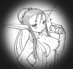 Rule 34 | 1girl, animal ears, black eyes, breasts, breath of fire, breath of fire iv, brown hair, bun cover, dr.p, eyeshadow, female focus, gradient background, greyscale, large breasts, lowres, makeup, monochrome, nipples, short hair, solo, tail, ursula (breath of fire)