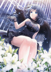 Rule 34 | 1girl, angel, angel wings, bare legs, birdcage, black dress, black veil, black wings, blue background, blue eyes, blue hair, breasts, cage, commentary request, confetti, dress, feathered wings, flower, gloves, gradient background, grey gloves, halo, hand up, in cage, lily (flower), long hair, looking to the side, masuishi kinoto, medium breasts, original, parted lips, sidelocks, sleeveless, sleeveless dress, solo, sparkle, veil, white flower, wings