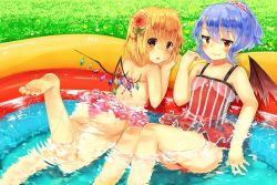 Rule 34 | 2girls, alternate costume, alternate hairstyle, arm support, bare arms, bare legs, barefoot, bat wings, bikini, bikini skirt, blush, breasts, crystal, fang, fang out, feet, flandre scarlet, flower, from behind, grass, hair between eyes, hair flower, hair ornament, light purple hair, lying, midriff, multiple girls, niseneko (mofumofu ga ienai), on stomach, one-piece swimsuit, open mouth, partially submerged, pink bikini, pool, red eyes, red one-piece swimsuit, remilia scarlet, short hair, short ponytail, siblings, side ponytail, sisters, sitting, small breasts, smile, soles, swimsuit, thighs, toes, touhou, vampire, wading pool, water, wavy hair, wings