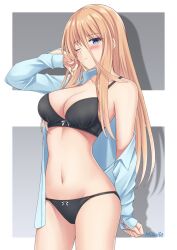 Rule 34 | 1girl, artist name, black bra, black girl (rei), black panties, blonde hair, blue eyes, blue shirt, blush, bow, bow bra, bow panties, bra, breasts, cleavage, closed mouth, commentary, cowboy shot, dress shirt, frown, grey background, groin, hand in own hair, highres, lace, lace-trimmed bra, lace-trimmed panties, lace trim, long hair, looking at viewer, medium breasts, navel, no pants, off shoulder, one eye closed, open clothes, open shirt, original, panties, rei (09991), shadow, shirt, solo, standing, string panties, underwear, undressing