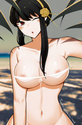 Rule 34 | 1girl, absurdres, areola slip, artist request, bikini, black hair, blush, bottomless, breasts, cleavage, front-tie bikini top, front-tie top, grey sky, head tilt, highres, kaichu land, large breasts, long hair, looking at viewer, micro bikini, navel, nipple slip, nipples, one eye closed, out-of-frame censoring, red eyes, skindentation, sky, solo, spy x family, swimsuit, white bikini, yor briar